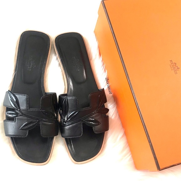Hermes Shoes - {Hermès} Oran Black Leaves Sandals